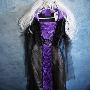 Spirit Halloween Girls Purple Black Vampire Witch Long Dress With White Wig ~S~